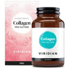 Bottle of viridian collagen with the pink packaging box in he background