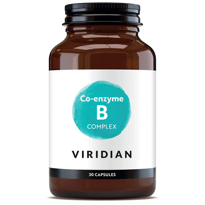 Brown supplement bottle labeled 'Co-enzyme B Complex' by Viridian on a white background