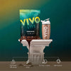 Vivo Life protein powder package and shaker bottle on a decorative pedestal with a gradient background.