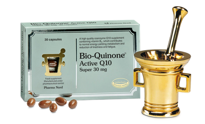 Bio-Quinone Active Q10 supplement packaging with gold mortar and pestle on a white background