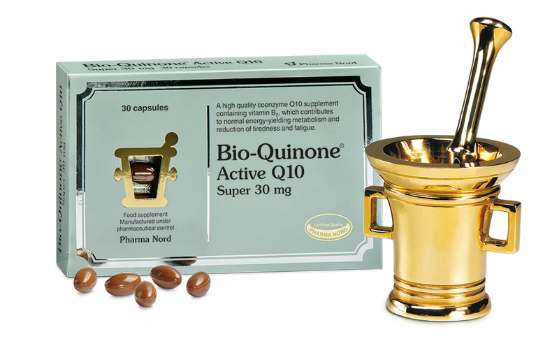 Bio-Quinone Active Q10 supplement packaging with gold mortar and pestle on a white background