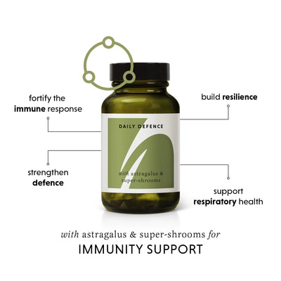 Bottle labeled 'Daily Defence' with text on immunity support on a white background