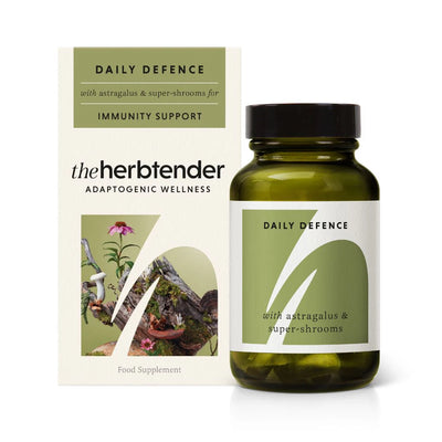 Herb-based supplement bottle and packaging with 'the herbtender' branding on a white background.