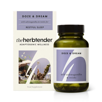 Herb supplement bottle and packaging with 'the herbtender' branding on a white background