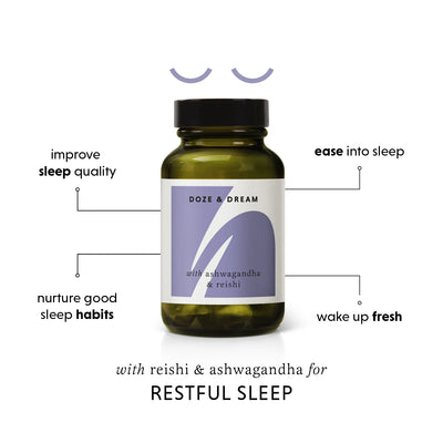 Bottle of Doze & Dream supplement with text on a white background