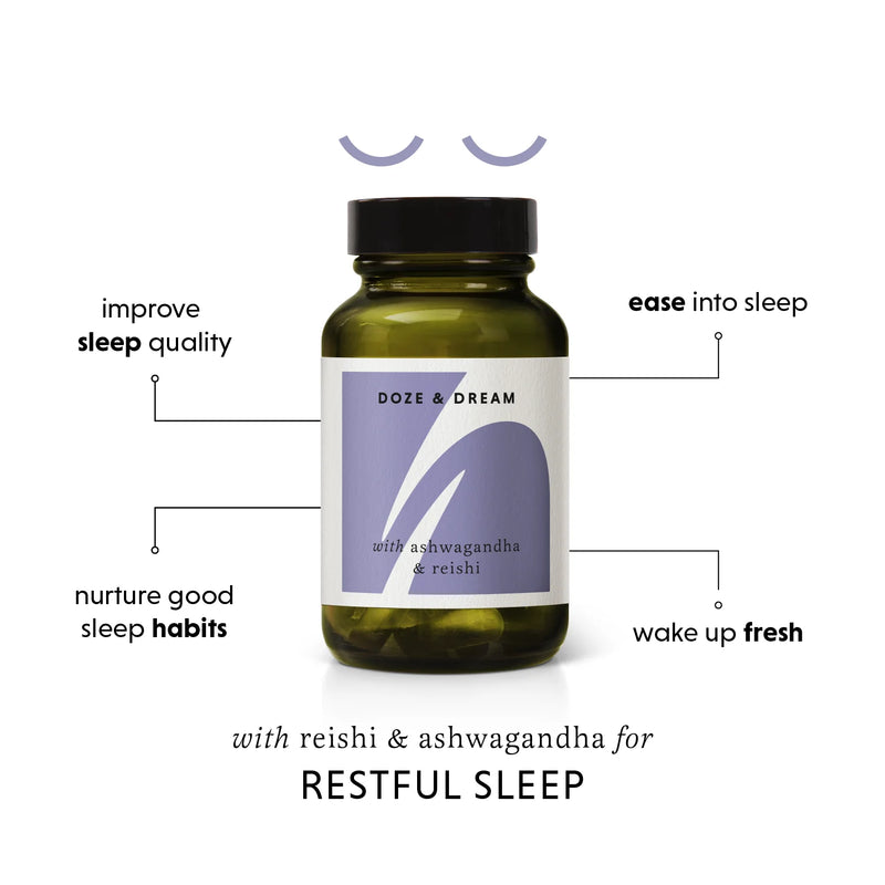 Bottle of Doze & Dream supplement with text on a white background