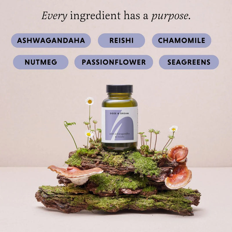 Vitamins bottle on a natural background with herbs and plants, labeled &