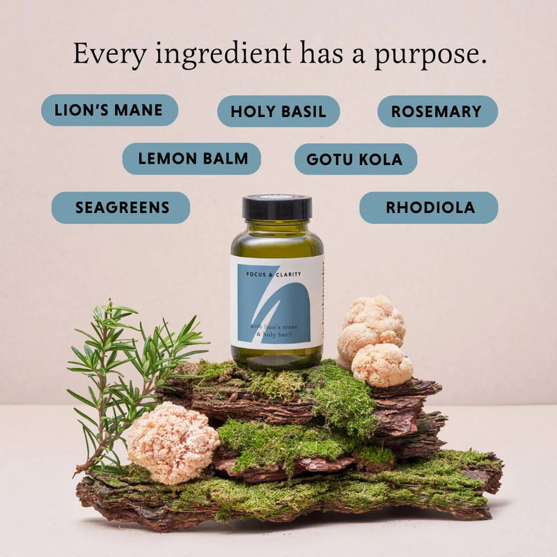 Supplement bottle on a natural background with herbs and text about ingredients