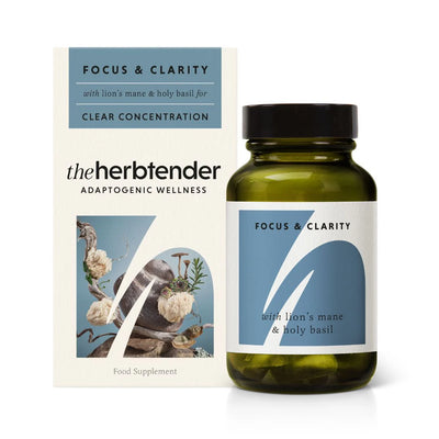 Herb supplement bottle and packaging for 'Focus & Clarity' by the herb tender on a white background.