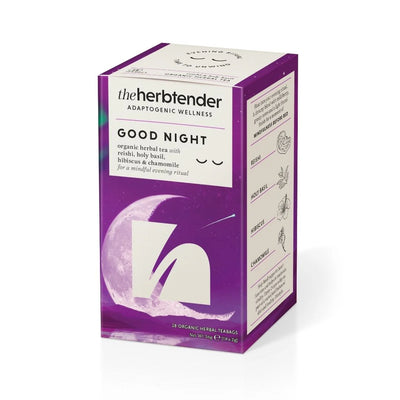 Box of 'Good Night' herbal tea from 'the herbender' on a white background