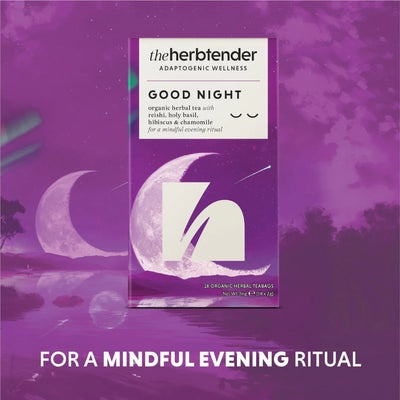 Herb tender Good Night tea package on a purple background with moon and nature elements