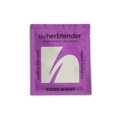 Purple tea bag packaging with 'the herbtender' branding on a white background