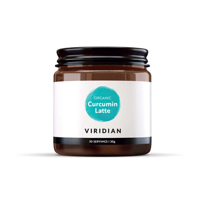 Jar of Viridian Organic Curcumin Latte on a white background
