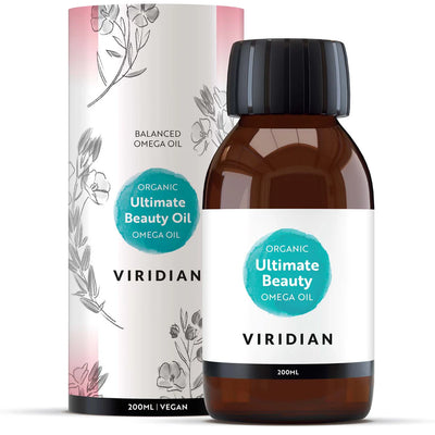 Viridian Organic Ultimate Beauty Omega Oil bottle and packaging on a white background
