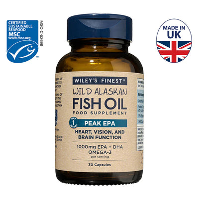 Bottle of Wiley's Finest Wild Alaskan Fish Oil supplement with MSC and Made in UK logos on a white background.