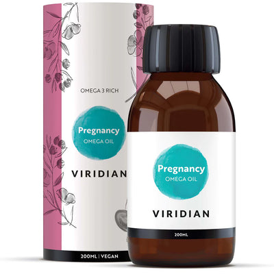Viridian Pregnancy Omega Oil bottle and packaging on a white background