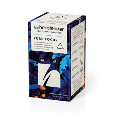 Box of 'Pure Focus' tea from 'the herb tender' with a black cat design on a white background
