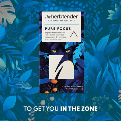 Tea package labeled 'Pure Focus' by 'theherbtender' on a blue leafy background