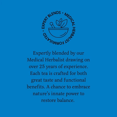 Blue background with text and logo for expertly blended teas by a medical herbalist.