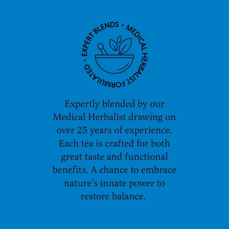 Blue background with text and logo for expertly blended teas by a medical herbalist.