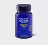 Blue bottle of Higher Nature Serotone 5-HTP on a light gray background