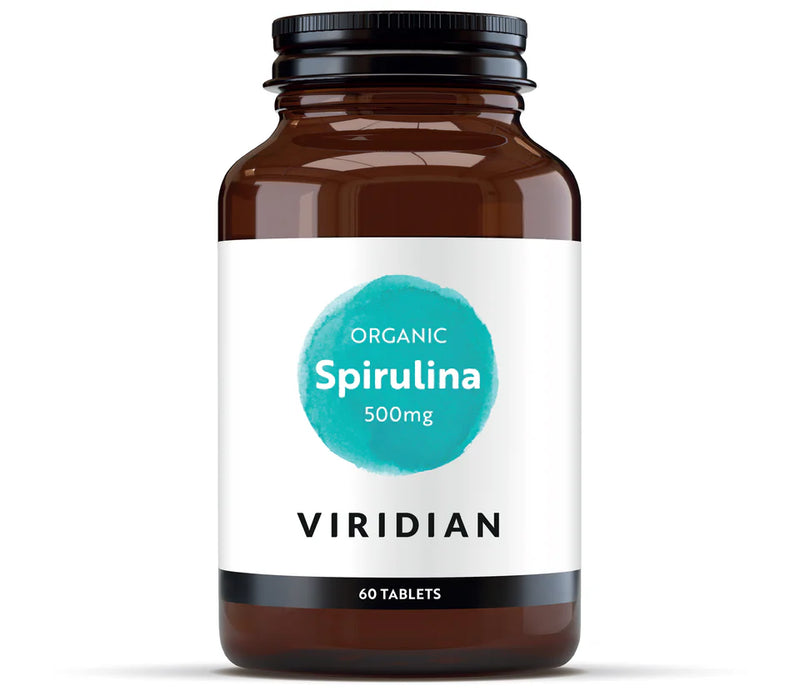 Brown bottle of Viridian Organic Spirulina 500mg on a white background