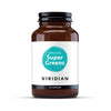 A bottle of Viridian Organic Super Greens powder with 90 capsules, emphasizing its organic and vegan qualities.