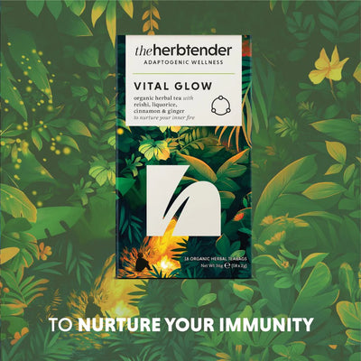 Herb tender Vital Glow tea package on a green leafy background