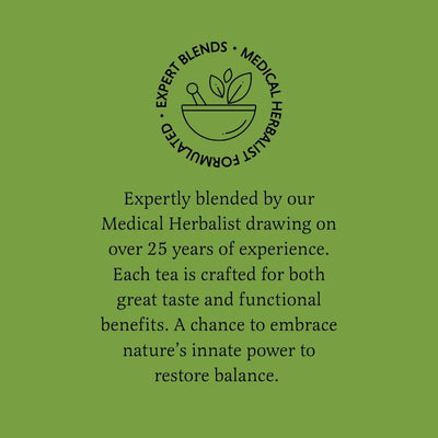 Green background with text and logo for expertly blended tea by a medical herbalist.
