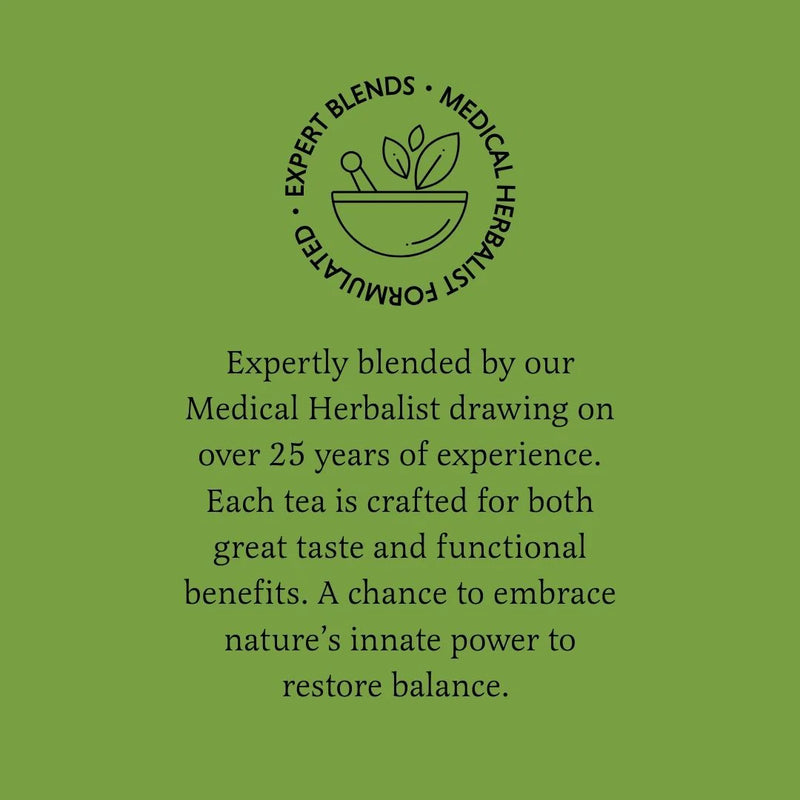 Green background with text and logo for expertly blended tea by a medical herbalist.