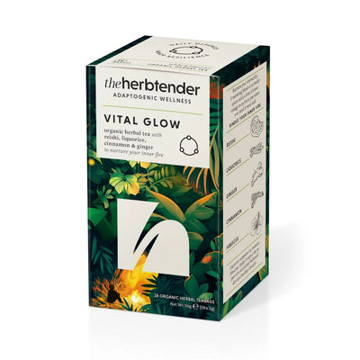 Box of 'Vital Glow' herbal tea from 'theherbender' on a white background