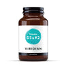 A bottle of Viridian Vitamin D3 & K2 tablets with 90 capsules, indicating it's a vegan product free from artificial fillers.