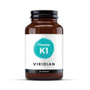 A bottle of Viridian Vitamin K1 50ug with 30 Veg Caps label, indicating it's a vegan product.