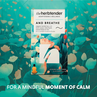 Herb tender tea package with floral design on a teal background