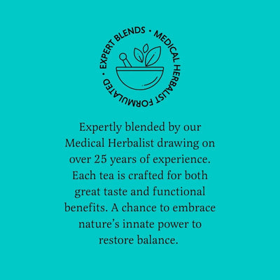 Teal background with text and logo for 'Expert Blends' medical herbalist tea.