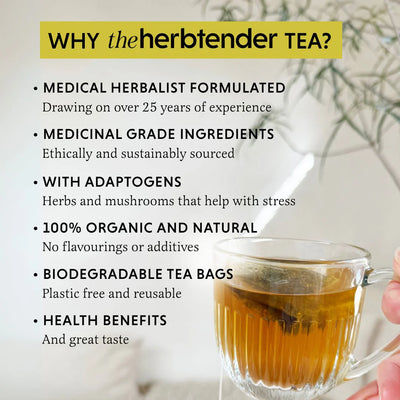 Glass mug of tea with text highlighting benefits of herbtender TEA
