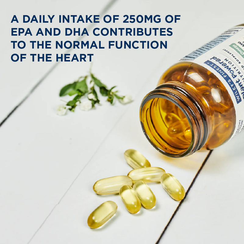 Omega-3 capsules spilling from a bottle with text about EPA and DHA intake on a white surface.