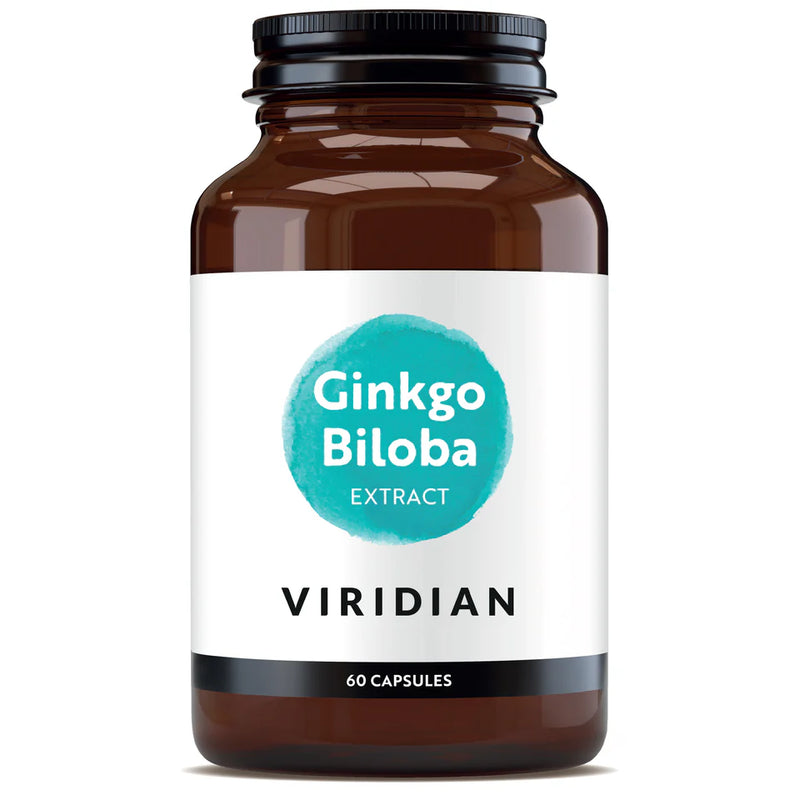 A bottle of Viridian Ginkgo Biloba Leaf Extract supplement containing 60 vegetable capsules.