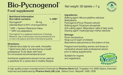 Bio-Pycnogenol food supplement label with ingredients, nutritional information, and directions.