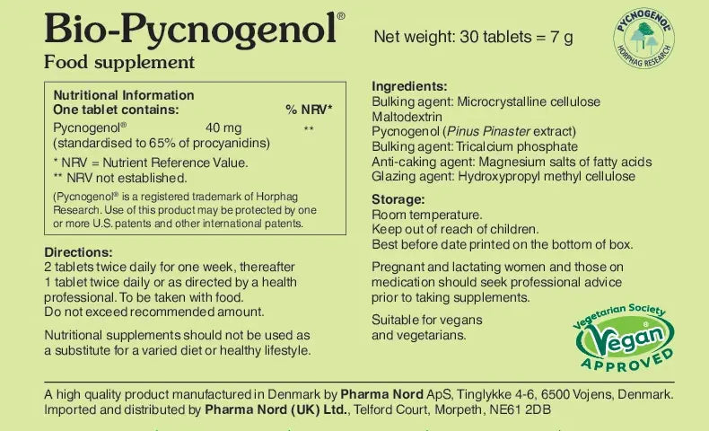 Bio-Pycnogenol food supplement label with ingredients, nutritional information, and directions.