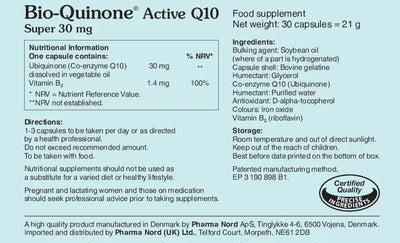 Bio-Quinone Active Q10 food supplement label with nutritional information and ingredients.