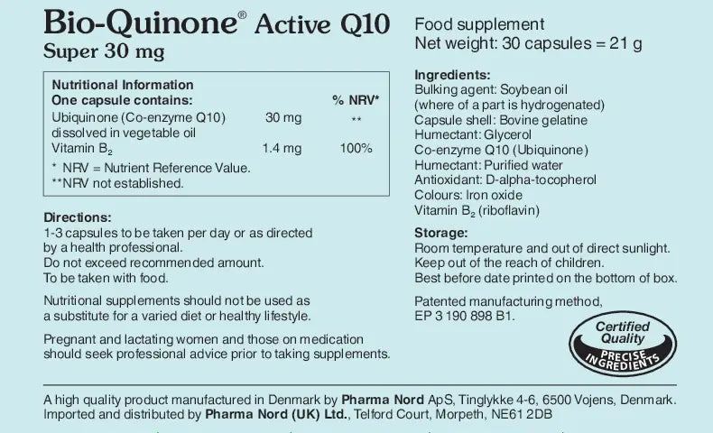 Bio-Quinone Active Q10 food supplement label with nutritional information and ingredients.