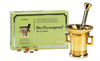 Bio-Pycnogenol packaging with tablets and a gold mortar and pestle on a white background