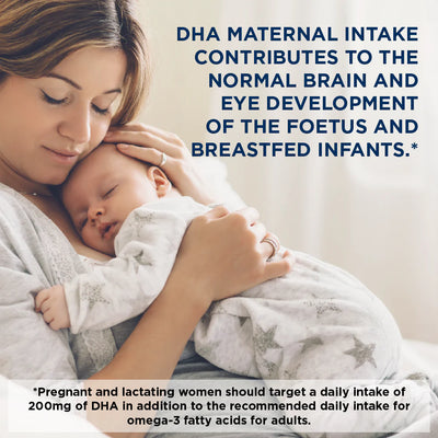 Woman holding a baby with text about DHA maternal intake and its benefits for brain and eye development.