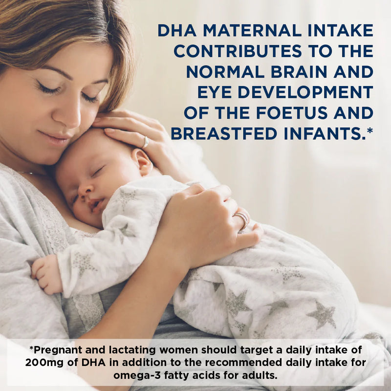 Woman holding a baby with text about DHA maternal intake and its benefits for brain and eye development.