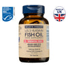Bottle of Wiley's Finest Wild Alaskan Fish Oil supplement with MSC and Made in UK logos on a white background.