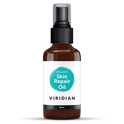 Bottle of Viridian Organic Skin Repair Oil on a white background