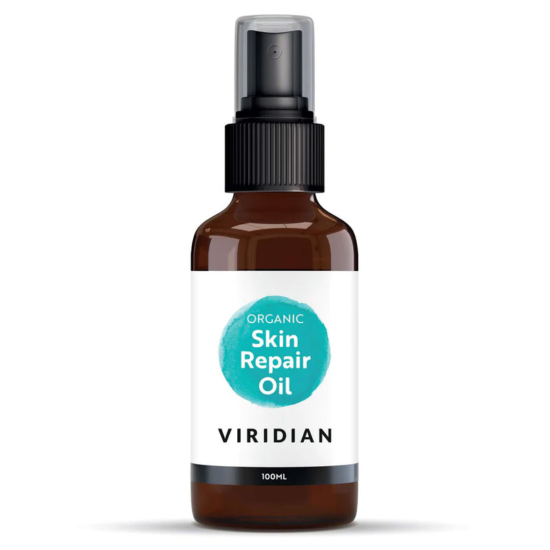 Bottle of Viridian Organic Skin Repair Oil on a white background