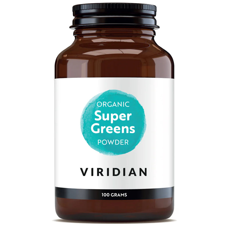 Brown bottle of Viridian Organic Super Greens Powder on a white background