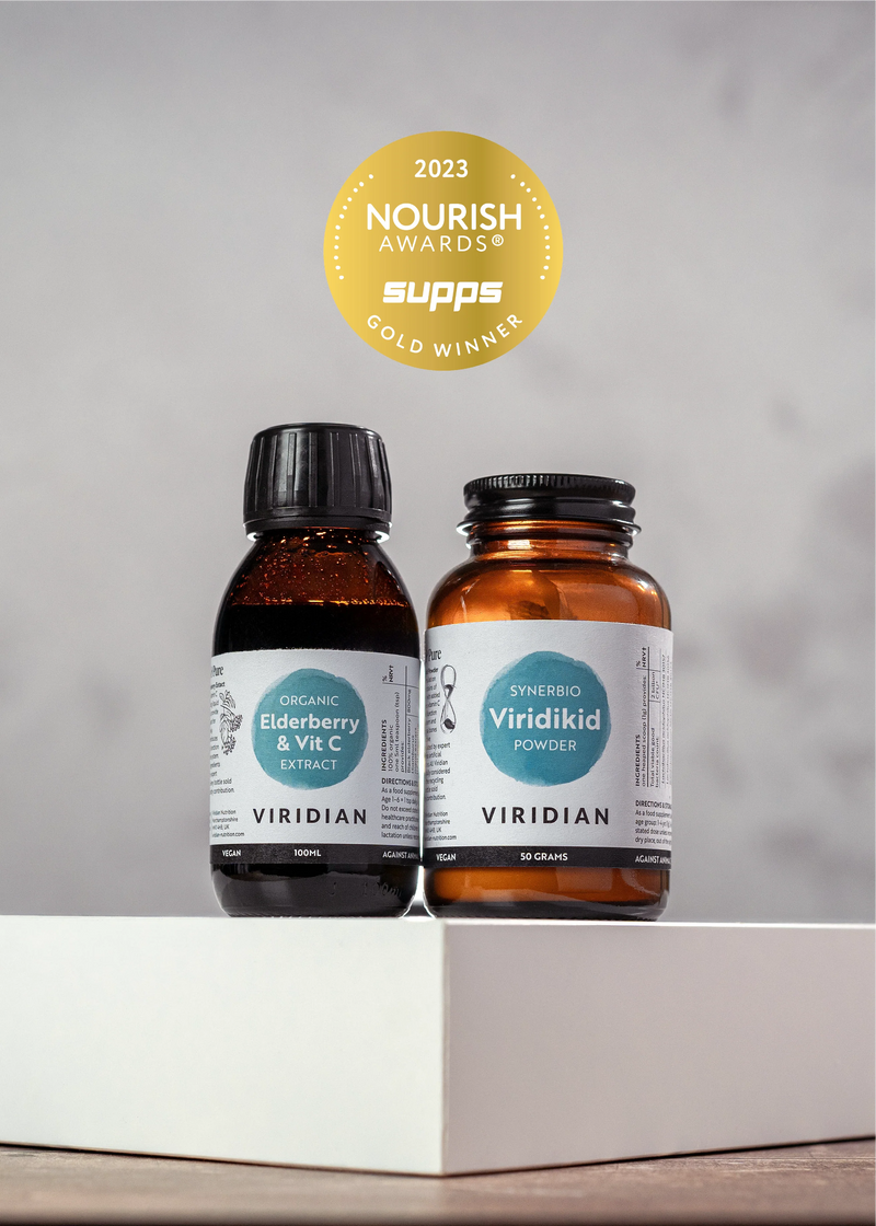 Two Viridian supplement bottles on a white surface with a gray background, featuring the 2023 Nourish Awards Gold Winner badge.